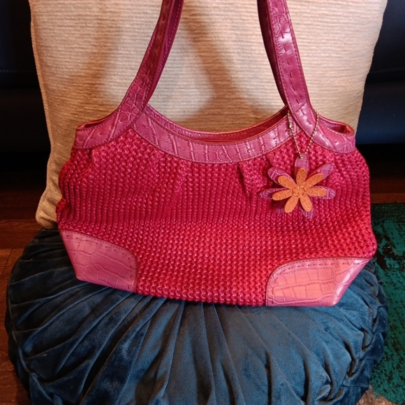 Stone Mountain PINK Handbag PURSE Faux Reptile & Woven Satchel Pocketbook BAG - Picture 2 of 4